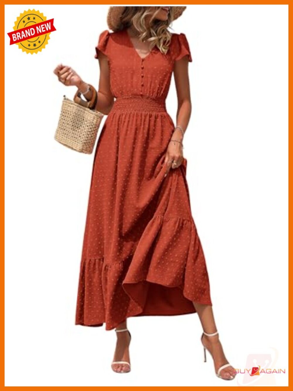 Boho Swiss Dot Maxi Dress V-Neck Smocked Cap Sleeve A-Line